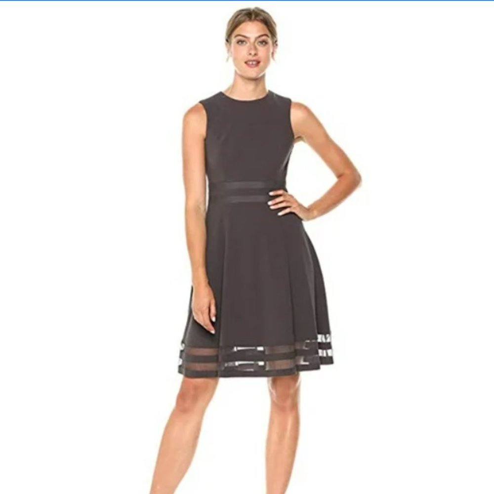 MAROON Calvin Klein Sleeveless Round Neck Fit and Flare Dress with Sheer Inserts